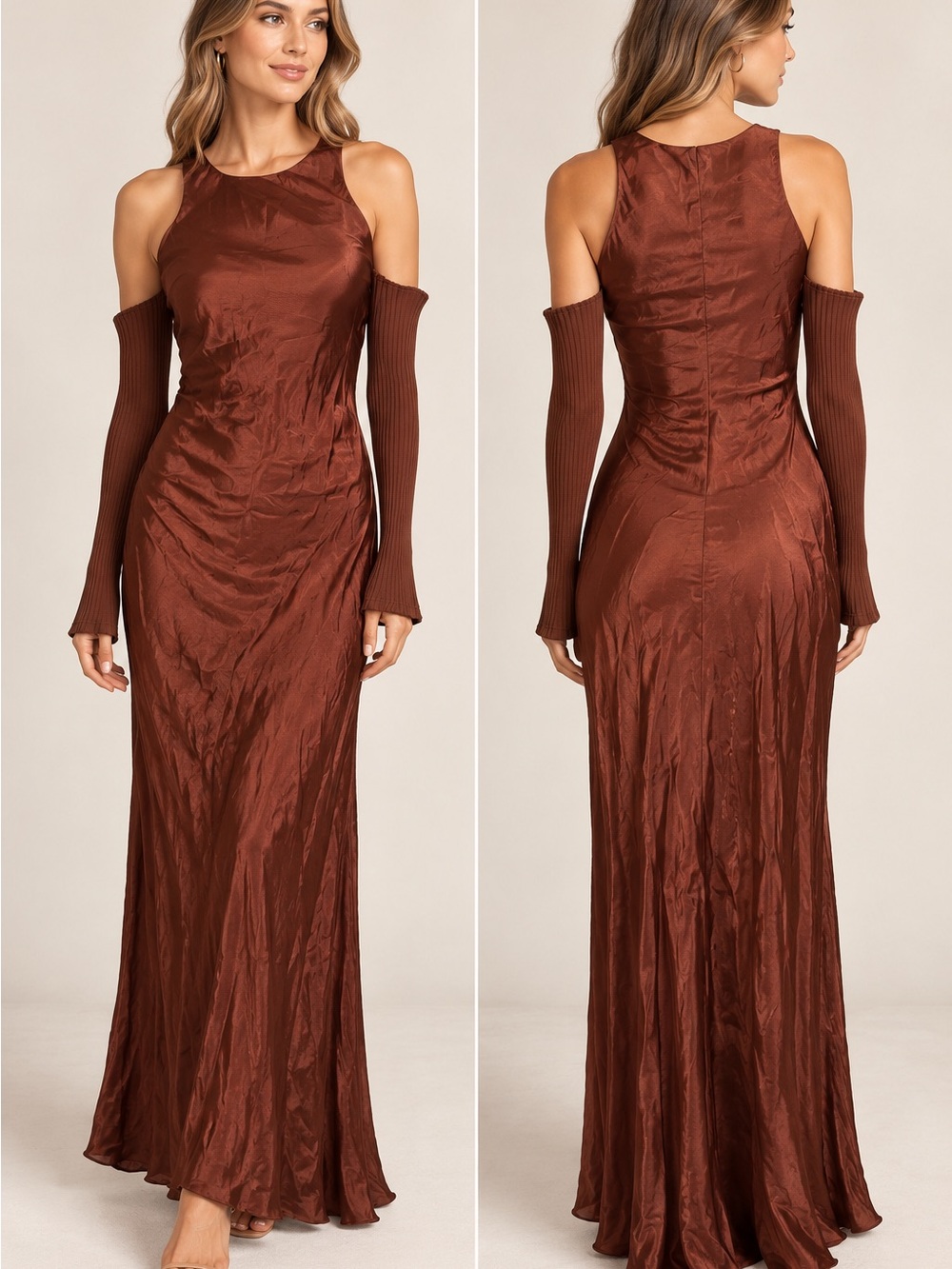 ZARA NWT Rust Satin Cold Shoulder Sleeve Maxi Dress XS